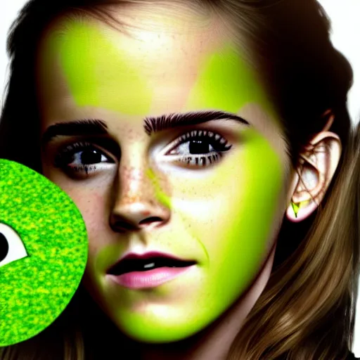 Image similar to photograph of emma watson with green avocado skin, anthropomorphic, photoshop