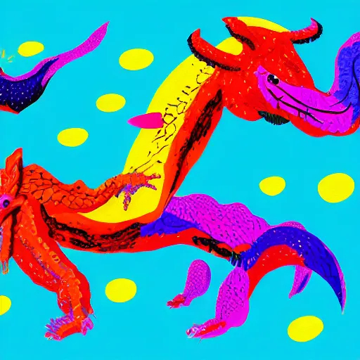 Prompt: the fighting dragons of ara nebula in the style of David Hockney, high contrast colors, brush strokes, illustration, 4K