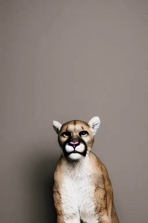 Prompt: furry anthro anthropomorphic portrait of a mountain lion head animal person fursona standing in a plain white room professional studio photo