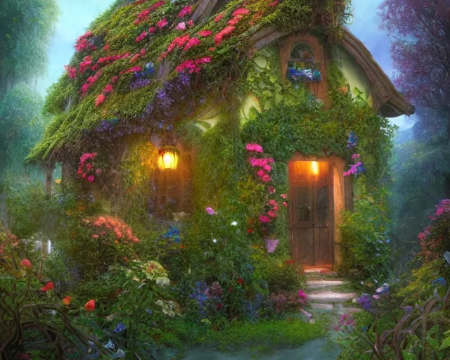 Image similar to a small beautiful cottage in a magical garden, a male!!! winged angel made of vines and flowers and moss stands in front, a digital painting by thomas canty and thomas kincade and ross tran, art nouveau, atmospheric lighting, trending on artstation