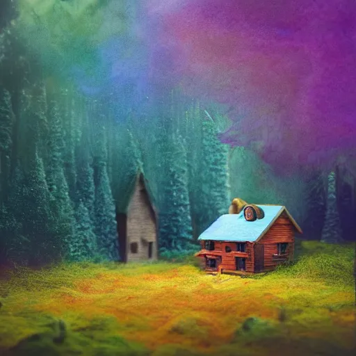 Prompt: small wooden house in the middle of enchanted forest, bright colours, watercolor, volumetric wool felting, macro photography, children illustration, by mike winkelmann