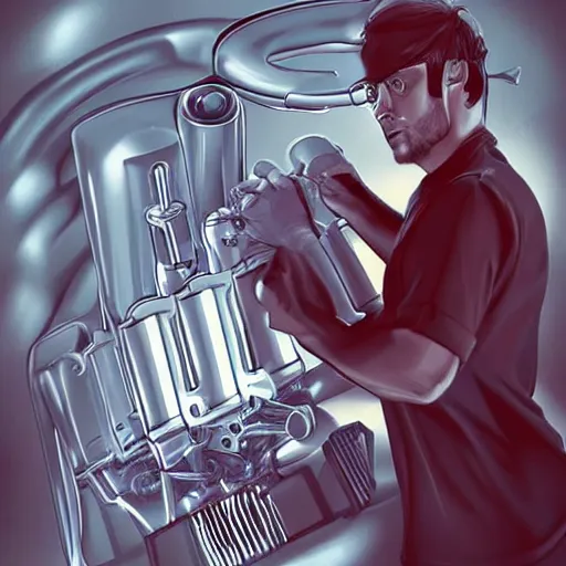 Image similar to man standing inside a v 8 engine, pistons are firing in the background, he is panicking, digital art, in the style of artgerm