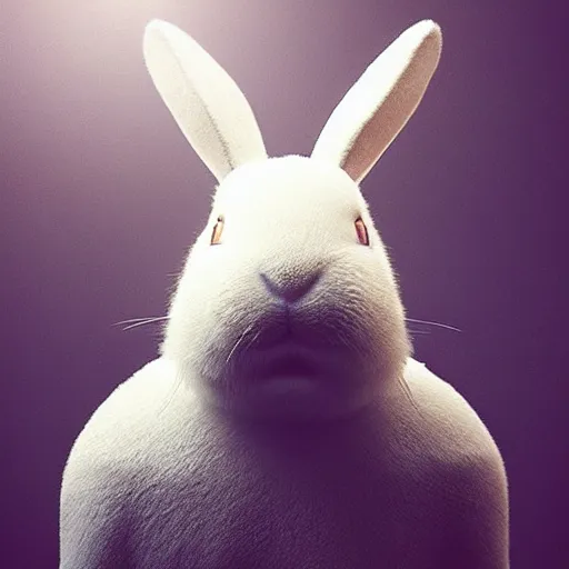 Prompt: “white bunny with black spots on face, staring at you in heaven, fog, volumetric lighting, golden hour, sharp focus, ultra detailed, trending on artstation,”