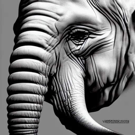 Image similar to elephant unicorn hybrid, ilustration realistic, elephant wrinkles, face close - up, 8 k.