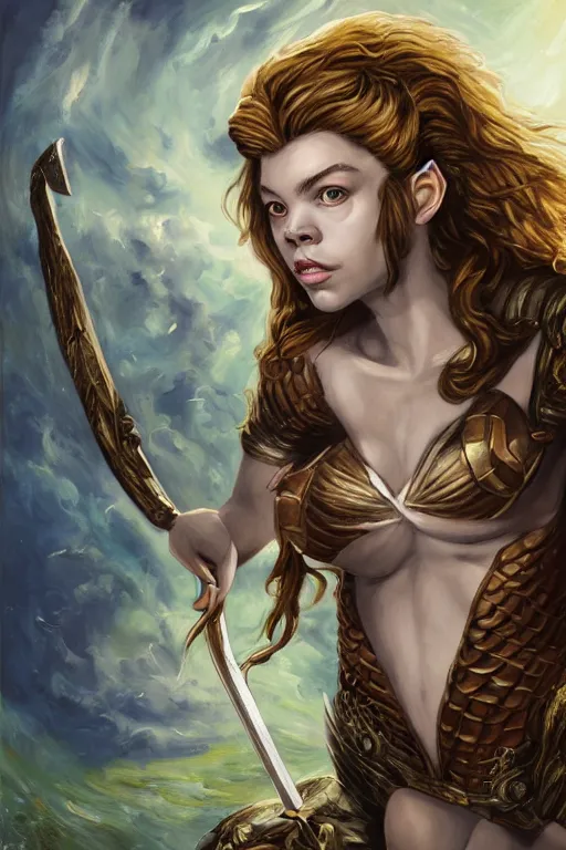 Prompt: A fantasy comic book style, portrait painting of, Anya Taylor-Joy, composite hybrid, Cory Chase, as a youthful, Reptilian, Atlantean Warrior, Mystical Valkyrie, Modest light Armor, Sword, Sheild, Spear, François Boucher, Oil Painting, unreal 5, DAZ, hyper-realistic, Photorealistic, octane render, Regal, Refined, Coherent, Detailed Digital Art, RPG portrait, William-Adolphe Bouguereau, Michael Cheval, Walt Disney (1937), Steampunk, Golden dappled dynamic lighting, Highly Detailed, Theophanic atmosphere, Cinematic Lighting, Unreal Engine, 8k, HD