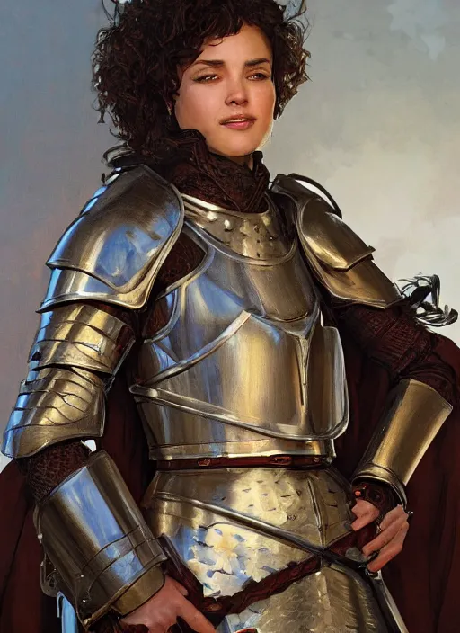 Image similar to medium-length portrait of a female knight with short curly hair and brown eyes, dark brown skin, happy expression, wears a combination of plate armor and boiled leather, medieval setting, highly detailed, digital painting, artstation, concept art, sharp focus, illustration, art by greg rutkowski and alphonse mucha