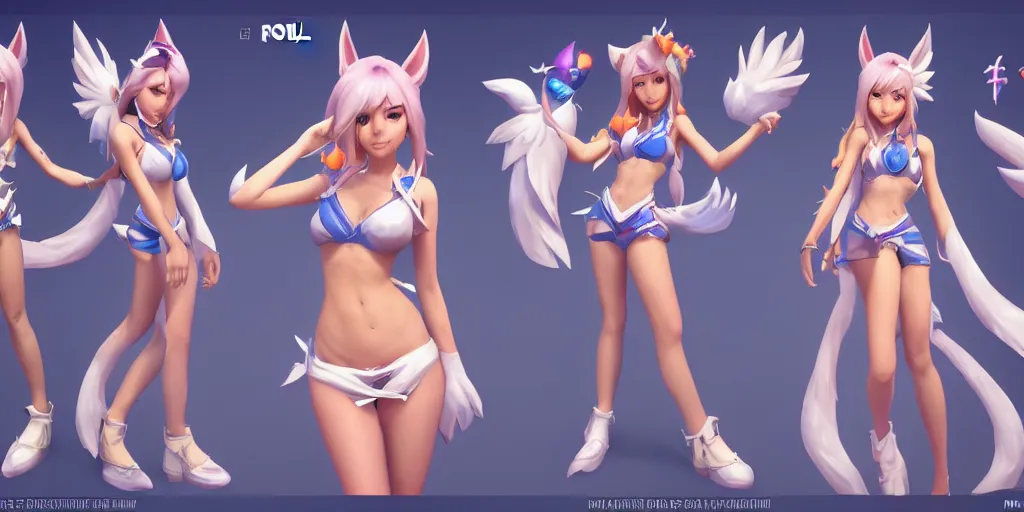 Image similar to Character sheet of pool party ahri (League of Legends). 3d unreal engine 5 trending on artstation