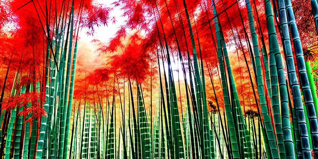 Image similar to Ancient city, Japanese architecture, city is surrounded by tall bamboo, in a bamboo forest, on a mountain, the weather is mist, red leaf trees and bamboo, ultra realistic, detailed, 4k