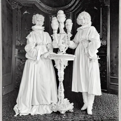 Image similar to photograph of two women with 18. century white costumes and white big baroque curly wigs, standing in a hall, candle light only