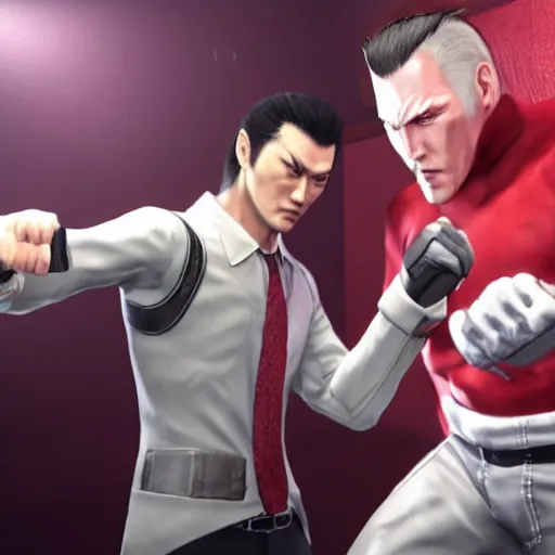 Prompt: Kazuma Kiryu from Yakuza and Senator Armstrong from Metal Gear Rising fights each other with their fists, highly detailed, photorealistic, cinematic lighting,