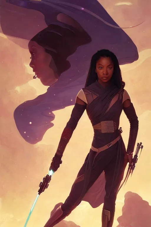 Image similar to star wars jedi master normani as aeon flux profile picture by Greg Rutkowski, dynamic pose, intricate, futuristic, fantasy, elegant, by Stanley Artgerm Lau, greg rutkowski, thomas kindkade, alphonse mucha, loish, norman Rockwell,