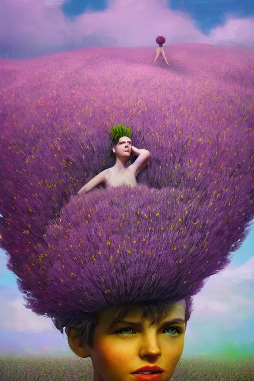 Prompt: closeup, giant flower head mohawk, girl in heather field, surreal photography, starlight, storm clouds, impressionist painting, digital painting, artstation, simon stalenhag