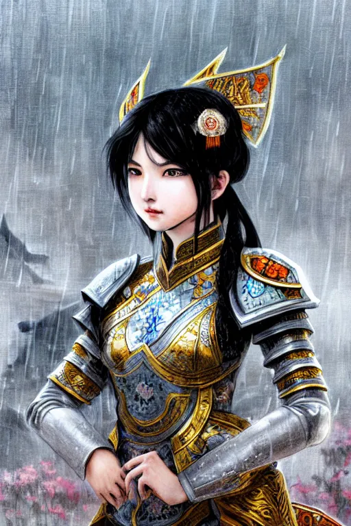 Prompt: portrait black hair young knights of Dynasty Warriors girl, matt white color armor, in ruin chinese temple rooftop heavily rain magic night, ssci-fi and fantasy, intricate and very beautiful and elegant, highly detailed, digital painting, soft light, artstation, concept art, smooth and sharp focus, illustration, art by tian zi and WLOP and alphonse mucha