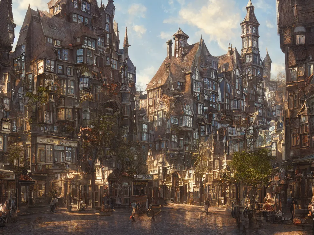 Prompt: a magical town on a slow day, inspired by victorian england and amsterdam, sunny weather, highly detailed, intricate, digital painting, trending on artstation, concept art, matte painting, art by greg rutkwowski, craig mullins, octane render, 8 k, unreal engine