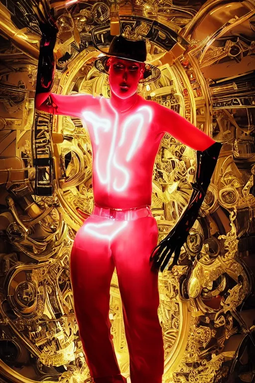 Prompt: full-body baroque and bladerunner style red neon statue of a young attractive Brazilian male macho dotado android novinho thrusting sim roupa con piroca dura, glowing white face, baseball cap of red steampunk gears, diamonds, swirling gold-colored silk fabric. futuristic elements. throwing-up liquid rainbow light, full-length view. space robots. human skulls. throne made of bones, intricate artwork by caravaggio. Trending on artstation, octane render, cinematic lighting from the right, hyper realism, octane render, 8k, depth of field, 3D