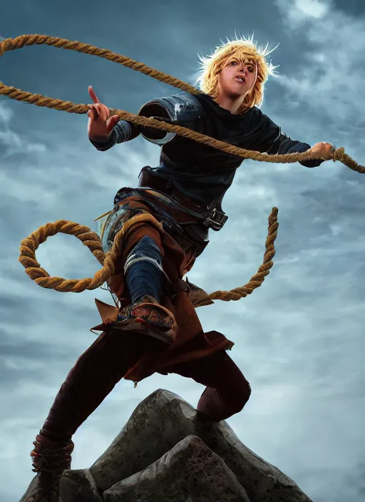 Prompt: An epic fantasy comic book style portrait painting of a young blonde boy thief launching grappling rope from a device worn on his wrist, unreal 5, DAZ, hyperrealistic, octane render, cosplay, RPG portrait, dynamic lighting