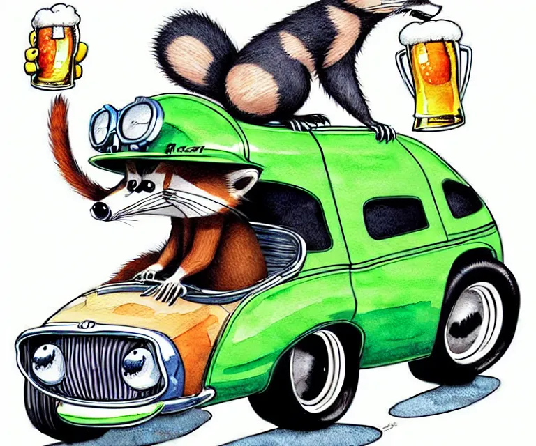 Prompt: cute and funny, racoon drinking beer wearing a helmet riding in a tiny hot rod coupe with oversized engine, ratfink style by ed roth, centered award winning watercolor pen illustration, isometric illustration by chihiro iwasaki, edited by range murata