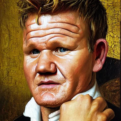 Prompt: portrait of gordon ramsay, oil painting by jan van eyck, northern renaissance art, oil on canvas, wet - on - wet technique, realistic, expressive emotions, intricate textures, illusionistic detail