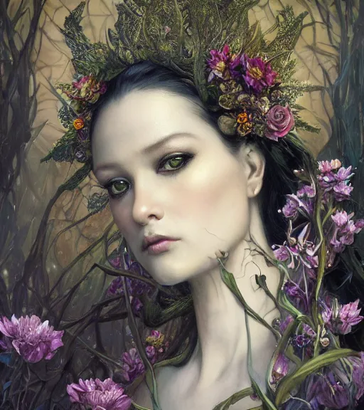 Image similar to portrait of the supreme queen of the dark cult, surrounded overgrowth and flowers 🍂 by karol bak, WLOP, James Jean, tom bagshaw, rococo, trending on artstation, fantasy magic fashion girl portrait, glossy eyes, face, fantasy, intricate, elegant, highly detailed, digital painting, concept art, smooth, sharp focus, illustration, cinematic lighting, hyper realism, octane render, 8k, hyper detailed.