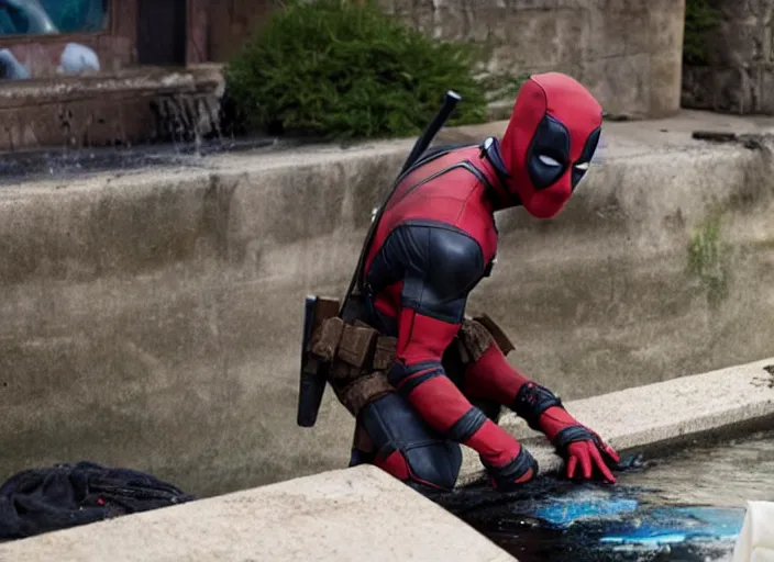 Prompt: film still of deadpool cleaning a sewer in the new dirty jobs tv series, 4 k