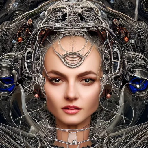 Image similar to very beautiful woman integrating with technology, full face frontal centered, portrait, insipiring, detailed intricate ornate cables connected to head, big open electric eyes, luxurious detailed abundent wiring and implants, diamonds, sci-fi, neon, emeralds, detailed technology full background, highly detailed, artstation, Rene Lalique and Eddie Mendoza and Gil Elvgren