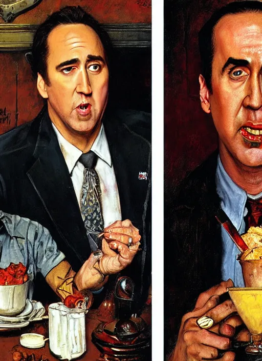 Prompt: full body and head portrait of nicholas cage looking confused about crazy evil in a restaurant, painted by norman rockwell and tom lovell and frank schoonover