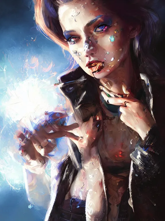 Image similar to digital illustration of a girl with eyes that burn like cigarettes wearing a short skirt and a long jacket with fingernails that shine like justice, dramatic lighting, photorealistic, full body shot, extreme detail, 4 k, colorful, artgerm and craig mullins