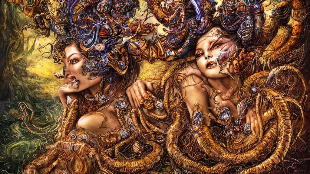 Image similar to portrait of a scorpion goddess, full body shot, rule of thirds, wide angle, amazing landscape background, fantasy, whimsical, horror, art by chengwei pan and josephine wall and hr geiger and amanda sage, intricately detailed, highly detailed, luxurious, elegant, clean, unsettling, trending on artstation