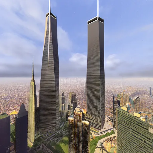 Prompt: the twin towers, photorealistic, extreme detail, beautiful, 8 k,