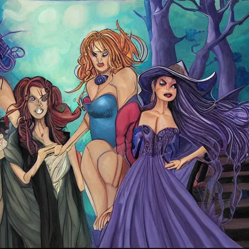 Image similar to a beautiful painting of a witches reunion, art by humberto ramos, trending on artstation