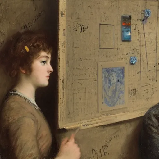 Image similar to a young man and a young woman solving an escape room puzzle, mysterious markings on the wall, by alfred stevens