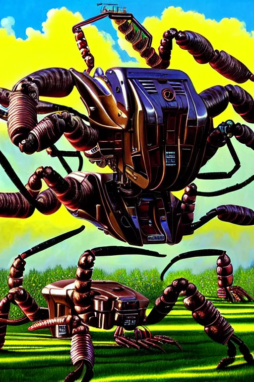 Prompt: a hyperrealistic painting of a giant metallic mechanical scorpion monster in a suburban neighborhood on a sunny day, by chris cunningham and richard corben, highly detailed, vivid color,