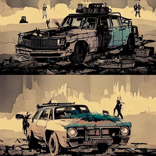 Image similar to a colorful comic noir illustration of a mad max scene in a post - apocalyptic city decaying in the desert by queens of the stone age, by sachin teng, dark vibes, pastel lighting, cinematic, depth of field, 8 k, high contrast