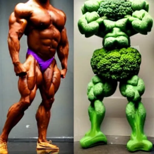 Prompt: a posing bodybuilder made entirely from broccoli