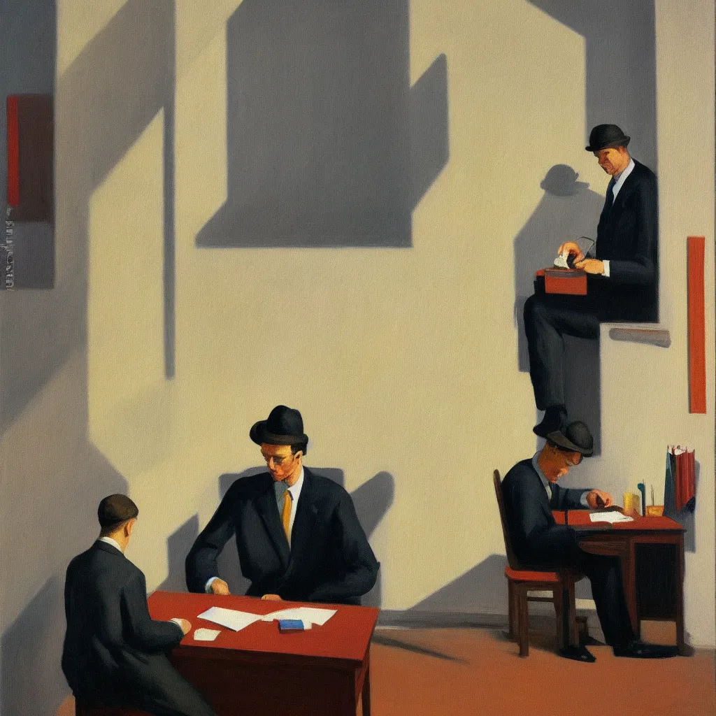 Image similar to painting of a man, sitting at his desk alone, in a huge office, in the style of edward hopper