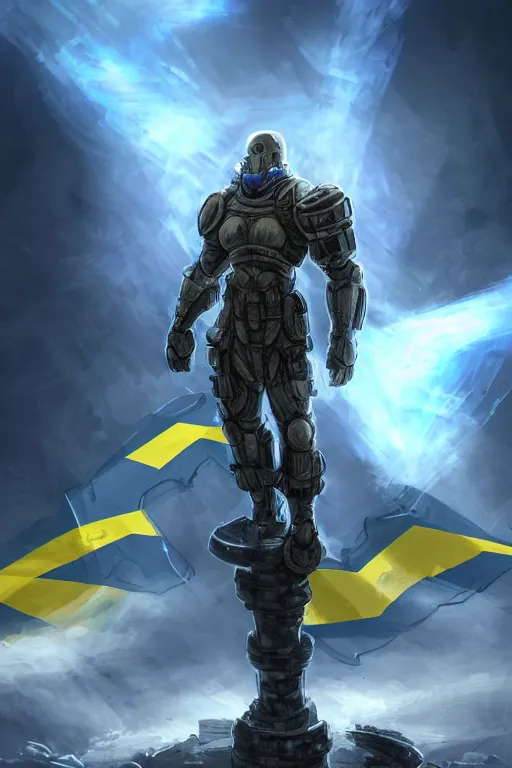 Image similar to a full body shot from distance of a super soldier with a Ukrainian blue and yellow stripes flag standing in the beam of light from the clouds on a pile of skulls and rotten cars as a winner, masculine figure, D&D, fantasy, intricate, elegant, highly detailed, digital painting, artstation, concept art, matte, sharp focus, symmetrical, illustration, art by Artgerm and Greg Rutkowski and Alphonse Mucha