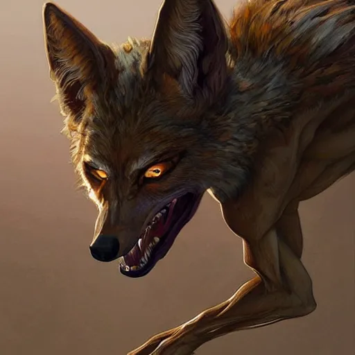 Prompt: portrait of native weird distorted body Skinwalker transforming into a coyote, highly detailed, digital painting, artstation, concept art, smooth, sharp focus, illustration, art by artgerm and greg rutkowski and alphonse mucha