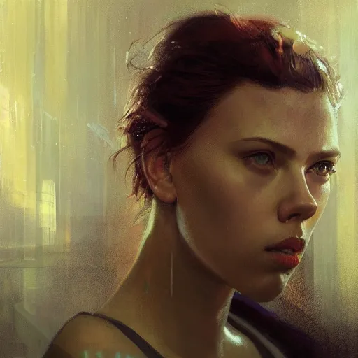 Image similar to scarlett johansson, hyperrealistic portrait, bladerunner street, art of elysium by jeremy mann and alphonse mucha, fantasy art, photo realistic, dynamic lighting, artstation, poster, volumetric lighting, very detailed face, 4 k, award winning