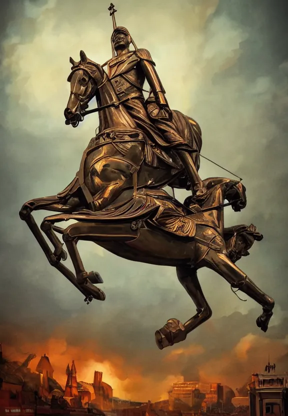 Prompt: [A sculpture of St.Georges on a bike. Soviet!!!! Propaganda!!!! poster!!!!!!!!!!, promotional poster, advertising, composition, graphic design, elegant, highly detailed, digital painting, artstation, concept art, matte, sharp focus, illustration, octane render, unreal engine, photography]