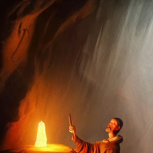 Prompt: A wizard in a cave casting a light spell, dramatic lighting, highly detailed, digital painting, artstation, concept art, smooth, sharp focus, illustration by Caravaggio