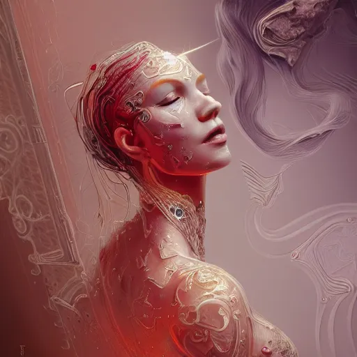 Image similar to abstract highly detailed female drawing made of white marble and red crystals quartz and minerals, ethereal lights, fine details, artstation, digital paint, fantasy, artstation, design, illustration, 8 k, intricate golden filigree, octane render, hypperrealistic painting, abstract liquid, concept art, painting by james gilleard and minna sundberg