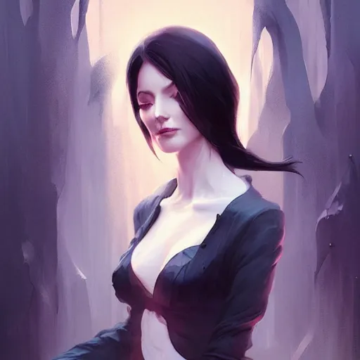 Image similar to Elegant woman with black hair, smoke around her, high detail, concept art background by john harris + andreas rocha, artwork by charlie bowater + artgerm + anato finnstark + ross tran