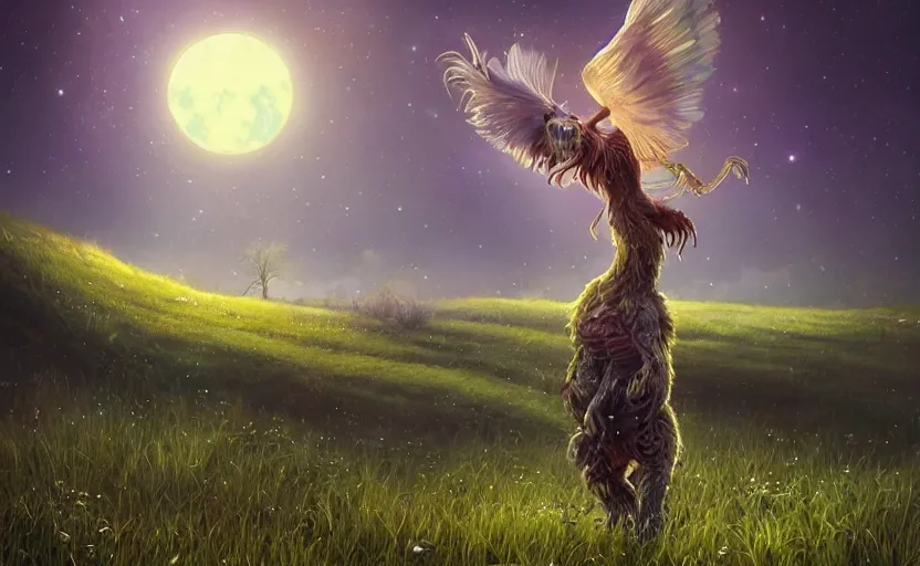 Image similar to a whimsical magical glowing creature in a field, beautiful, cool dynamic lighting, moonlight, atmospheric, cinematic, highly detailed digital art, painted by scott musgrove