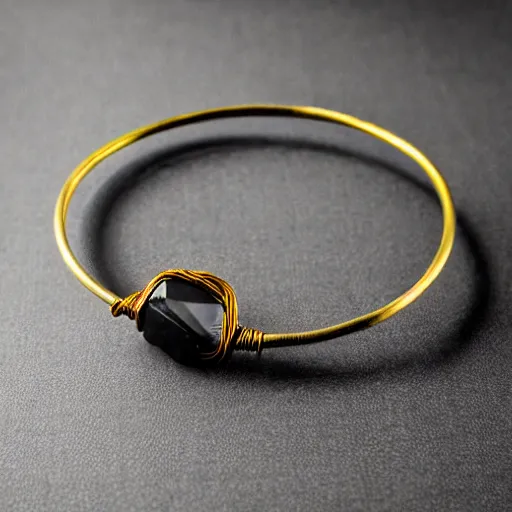 Image similar to archaic Primitive Gold Bangle, 14K Gold Wire, Single Center sinister tungsten rock , Shungite Bangle, Mineral and Gold Jewelry, Product Photography