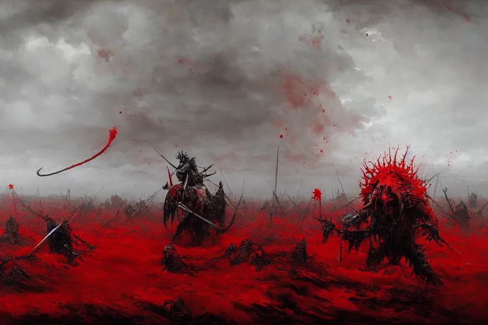 Image similar to the sea of blood and chaos demon, jakub rozalski.