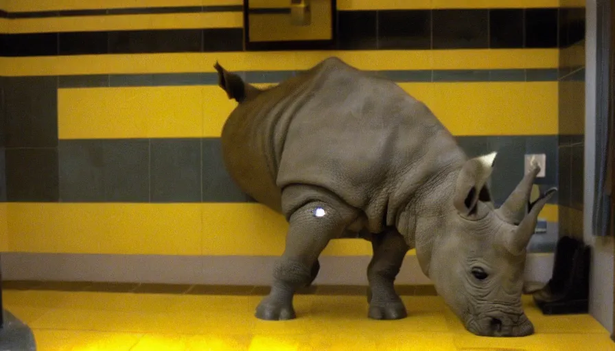 Image similar to a rhinoceros in a public bathroom with yellow tiles floor, mini dv camera found footage, very very low quality, heavy grain, heavy jpeg artifact blurry, caught on trail cam