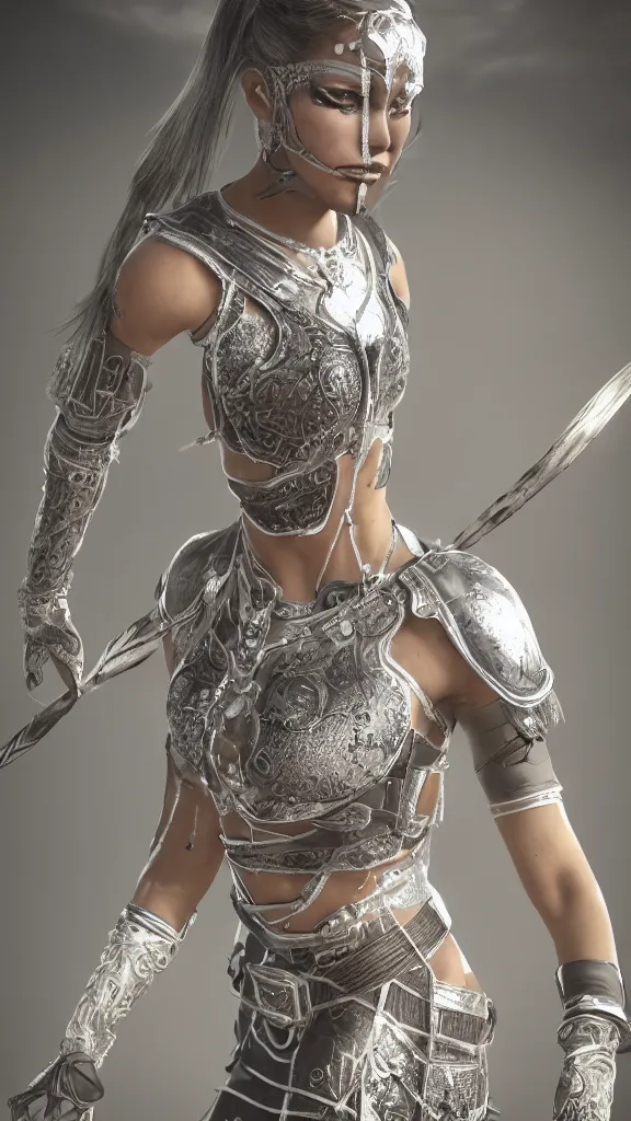 Prompt: exotic female athletic warrior wearing silver ornate detailed armour, transparent plastic clothing, dirt and sweat on body, elegant face, smudged running makeup, haute couture, regal, straps belts and harnesses, urban style, unreal engine, bloom, cinematic camera,