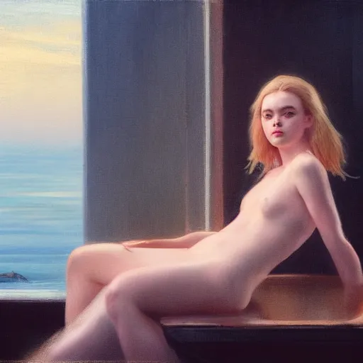 Prompt: silhouette of a Elle Fanning gazing out at the stormy ocean, extremely detailed masterpiece, oil on canvas, Blade Runner 2049, low-key neon lighting, artstation, by J. C. Leyendecker and Peter Paul Rubens,