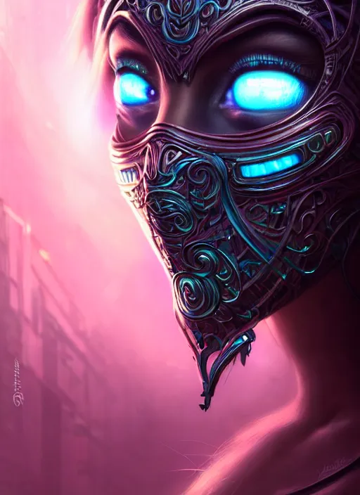 Prompt: closeup portrait shot of cyber a beautiful girl wearing a bandana mask in a scenic dystopian neon environment, intricate, elegant, highly detailed, centered, digital painting, artstation, concept art, smooth, sharp focus, illustration, artgerm, tomasz alen kopera, peter mohrbacher, donato giancola, joseph christian leyendecker, wlop,