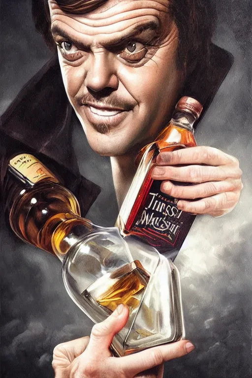 Prompt: a message in a bottle but instead of a ship it is a young jack nicholson in the bottle, jack nicholson, fancy whiskey bottle, masterpiece painting by artgerm and tom bagshaw